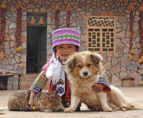 Asian child with cat and dog.